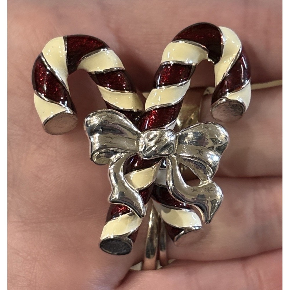 Vintage Napier Christmas Candy Cane Brooch Pin Red White Enamel Silver Tone